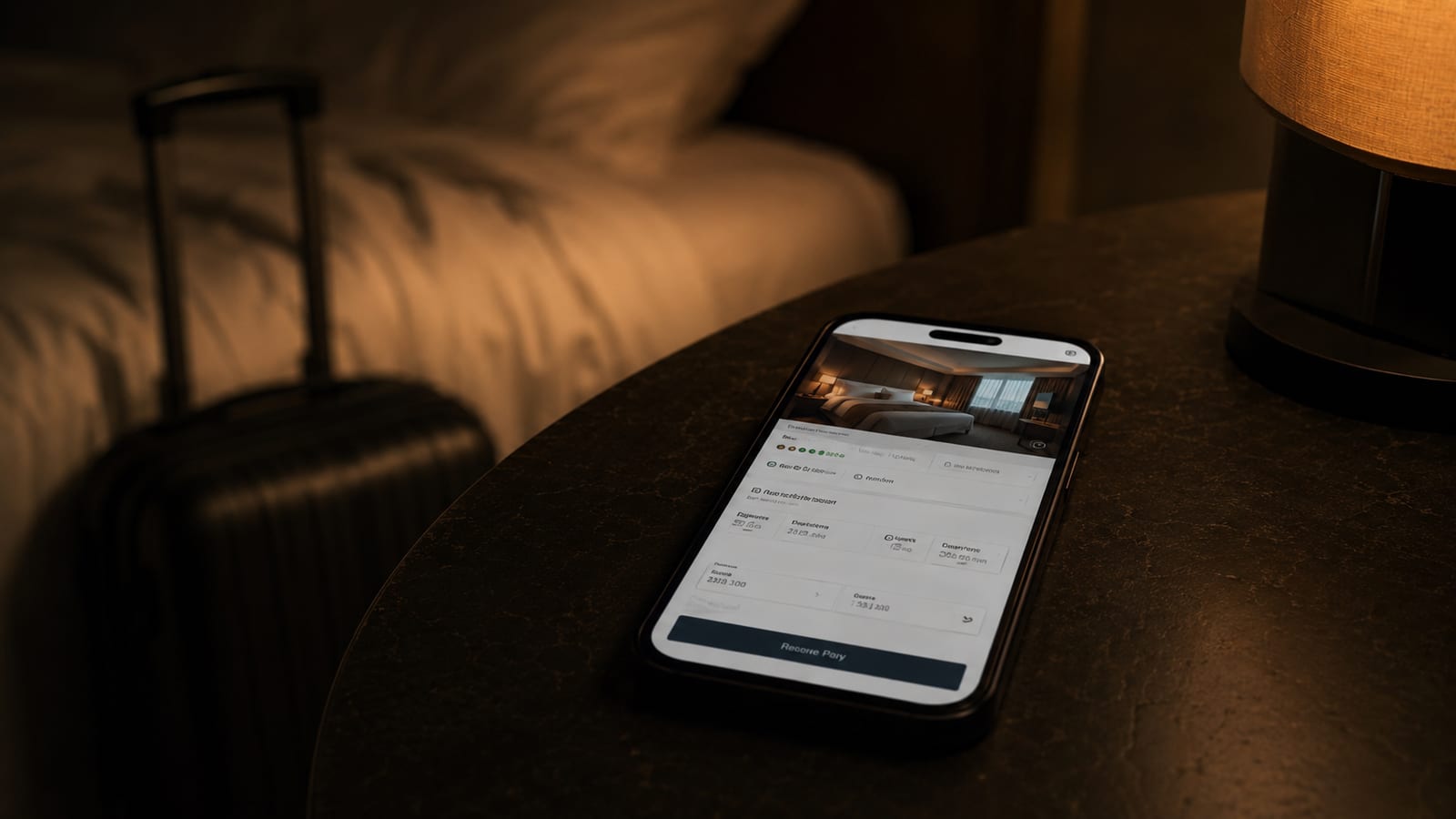 Smartphone on a hotel nightstand at night showing what looks like a real hotel-booking page, lit by an amber bedside lamp